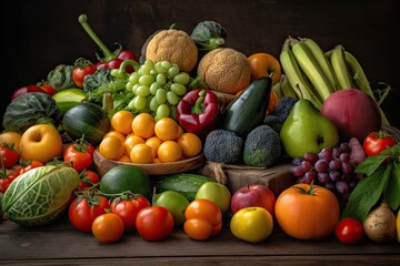 Naklejka na ściany i meble colorful variety of fresh fruits and vegetables on a wooden table. Generative AI