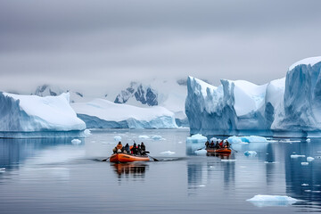 deux canots avec des scientifiques en exploration entre les iceberg sur une mer calme - obrazy, fototapety, plakaty