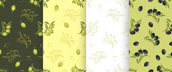 Fototapeta na wymiar Collection of seamless patterns with olives. Vector backgrounds with green, black olives and outline illustrations.