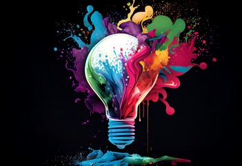 Illustration of colorful bulb with splash of colors. Generative AI