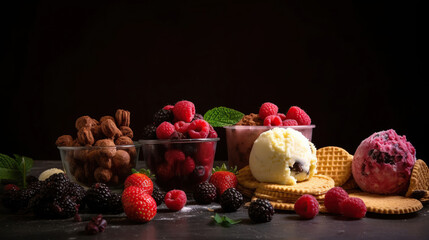 Wide angle of assorted gelati with tasty berries near cookies and grated chocolate on table. generative ai