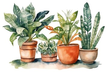 Three Vibrant Potted Plants in Watercolor Style. Generative AI