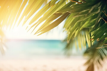 Fototapeta na wymiar Defocused summer background of a beach with palm leaves in the corners for product or copy space. Ai generative