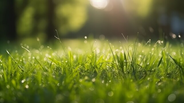 Fresh green garden lawn in spring summer time with sunbeam in background (Generative AI)