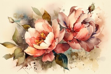 two pink flowers with green leaves on a white background. Generative AI