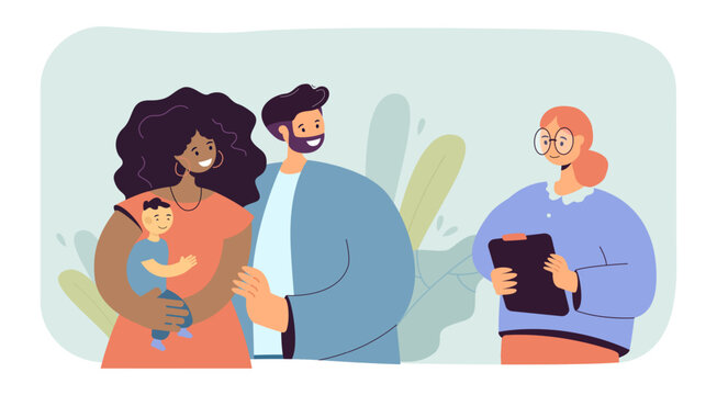 Husband and wife adopting child vector illustration. Happy interracial couple embracing adopted son on white background. Kid adoption, family, diversity, parenthood concept