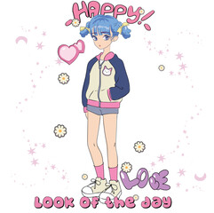 girl with a pink heart, Anime Girl illustration with  slogan. Vector graphic design for t-shirt. girl power drawing.