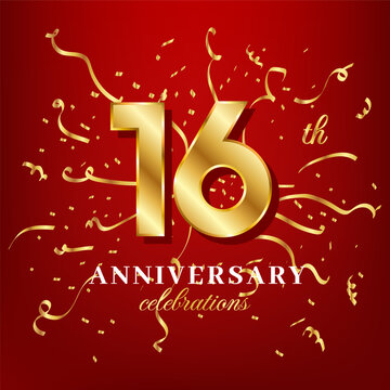 16 golden numbers and anniversary celebrating text with golden confetti spread on a red background