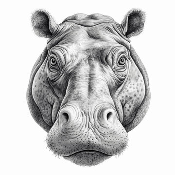 recommend clip art: Close-up portrait of hippopotamus head, line art on white background. Generative AI