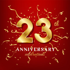 23 golden numbers and anniversary celebrating text with golden confetti spread on a red background