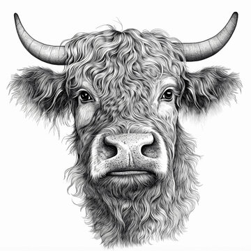 recommend clip art: Close-up portrait of cow head with horns, line art on white background. Generative AI