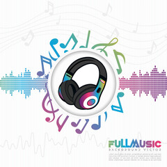 Headset illustration with colorful music notes in white background