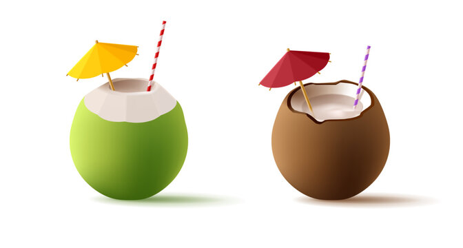 3d Green coconut and ripe coconut cocktails with straw and umbrella, realistic render 3d illustration
