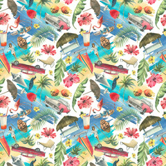 Obraz premium Cuban print, retro cars, palm trees, pink flamingos, sea, sand, shells, flowers. Watercolor illustration. Bright, beachy seamless pattern for fabrics, textiles, wallpapers, clothing accessories