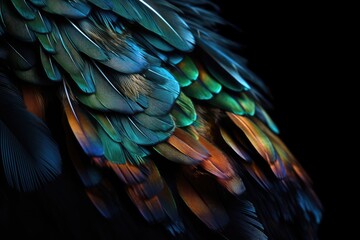 Obraz premium Multicolored feathers, fantastic bird wing. Generative AI