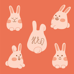 Obraz premium Set of five cute Easter bunnies. Doodle vector color illustration.