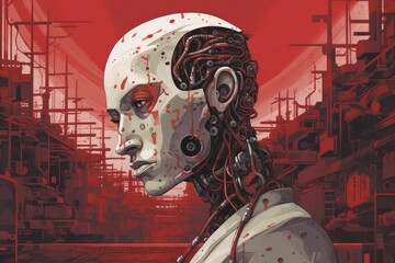 Wounded head of android or cyborg, on red background of ruined city. Danger confrontation between man and artificial intelligence. Generative AI