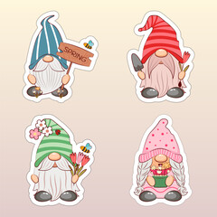 Sweet springtime gnome cartoon characters. Illustration of kawaii little gnomes. Funny printable stickers.
