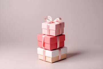 Stack of present boxes with silk ribbon bow on light background, mockup, gift card. Gift or holiday concept. Mothers Day, birthday, wedding or St Valentines day banner with copy space. Generative AI
