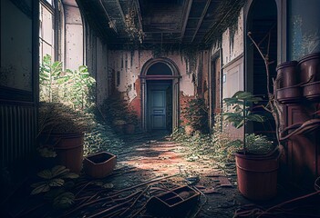 Desolate hall in forsaken house with trash and plants. Generative AI