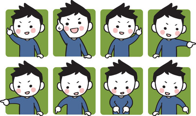 色々な方向を指さす男の子のイラストセット