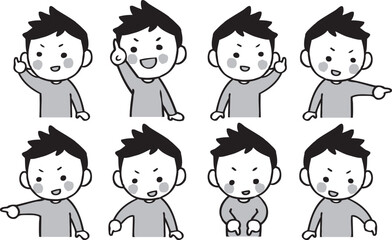 色々な方向を指さす男の子のイラストセット　モノクロ