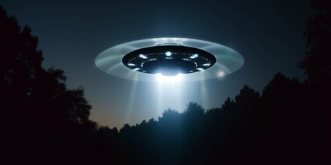 UFO, an alien plate hovered motionless in space against the background of the earth. © Brixq
