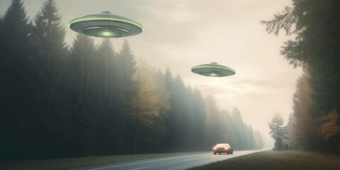 Naklejka na ściany i meble Unidentified flying object. Two UFOs flying over a road among the trees