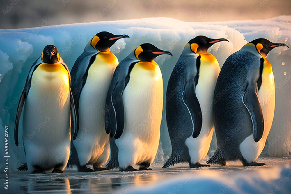 Poster penguins on ice near the ocean. created with generative ai technology.