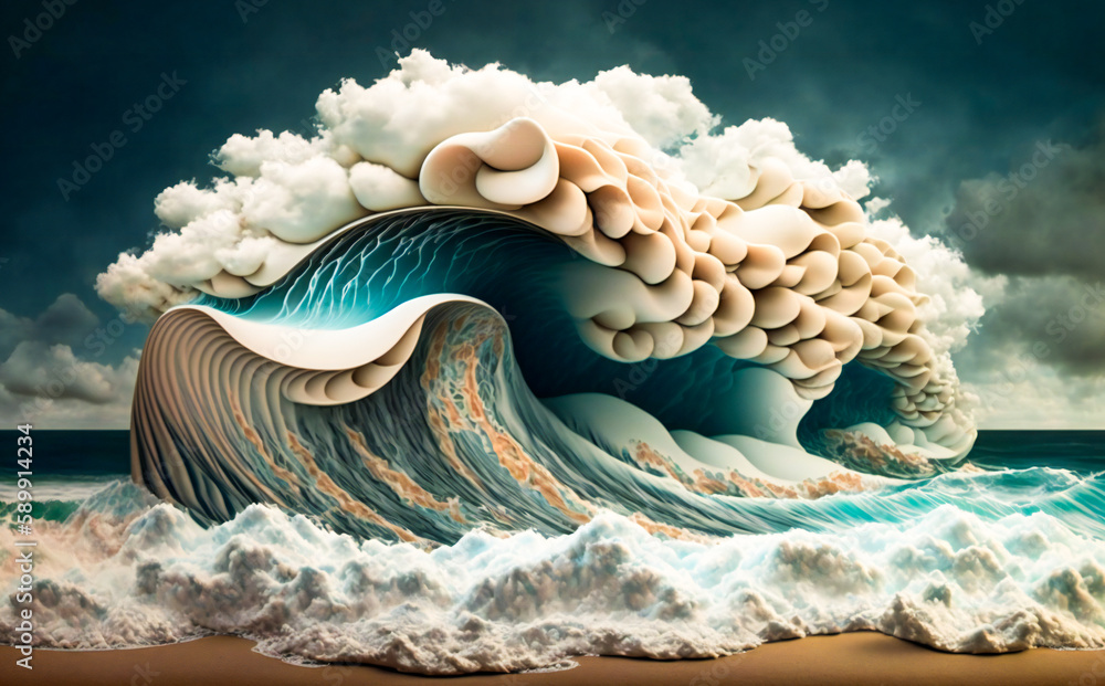 Poster abstract stylized ocean waves and clouds. created with generative ai technology.