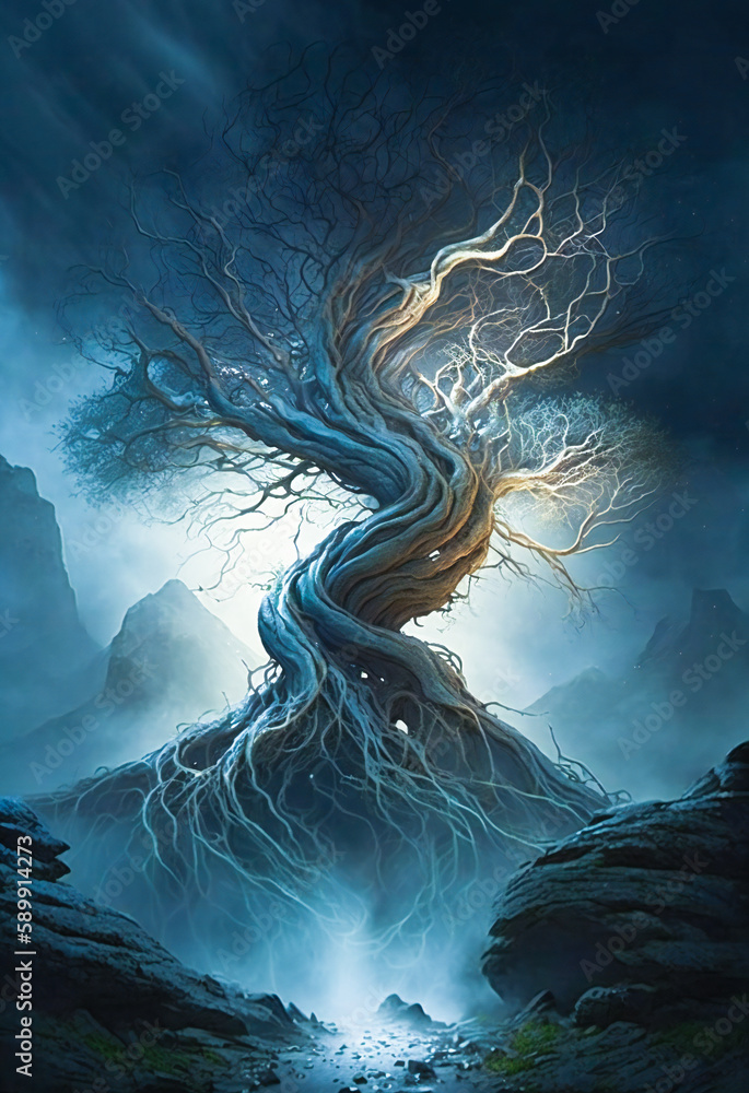 Poster a twisted dried tree trunk in a dark, misty, mysterious place. created with generative ai technology