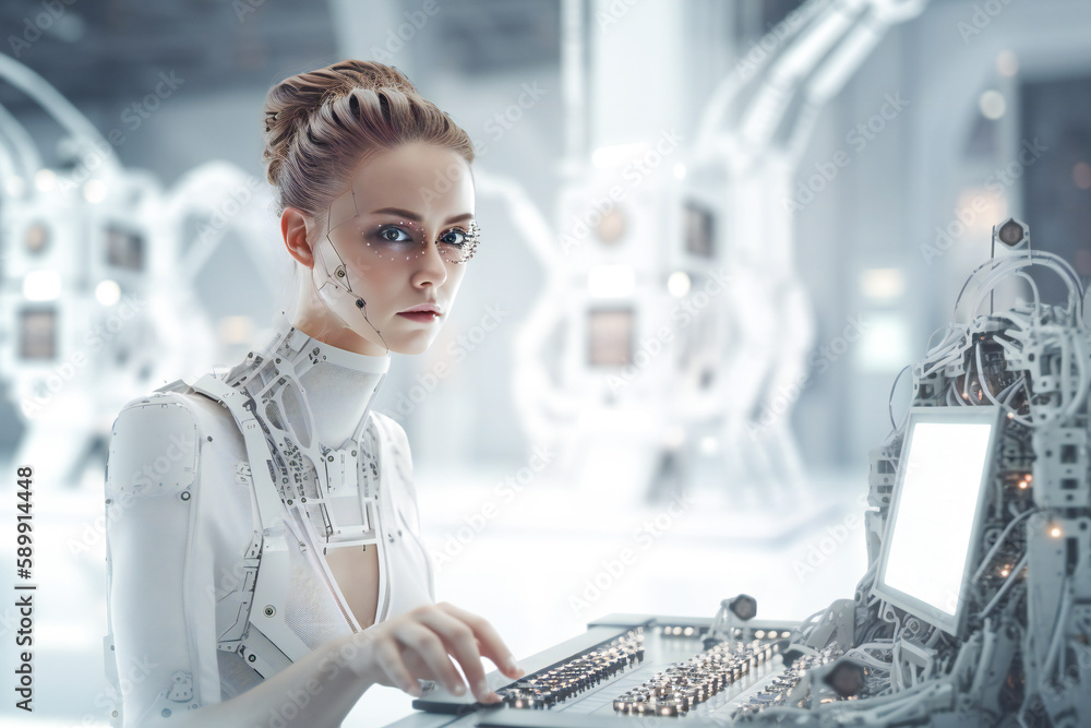 Poster illustration of a beautiful female white android head. robotic and artificial intelligence concept. 