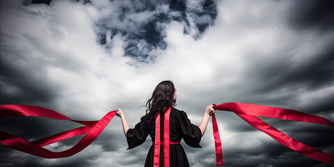 A shimmering red background was adorned by a colorful bow and ribbon, symbolizing success and celebration. - generative ai