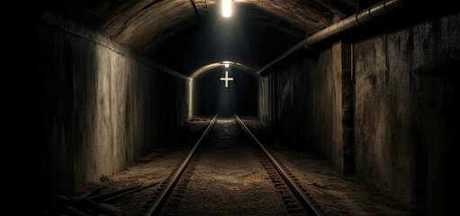 Shadowy Passage: A Tenebristic Tunnel Guided by a Cross (AI Generated)