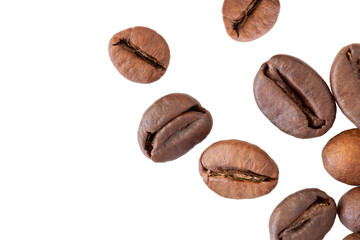 Roasted coffee beans on white background, macro, Coffea.