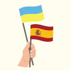 Flags of Ukraine and Spain, Hand Holding flags