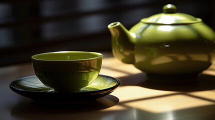 Fototapeta na wymiar healthy green tea cup with tea leaves. generative ai