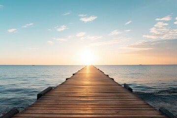 Wooden pier with sunset view into the sea blue. Generative AI