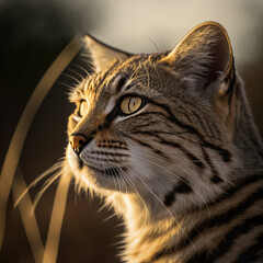 Ravishing hyper realistic portrait of happy serengeti cat in natural outdoor lush with flower in background as concept of modern domestic pet by Generative AI. - obrazy, fototapety, plakaty
