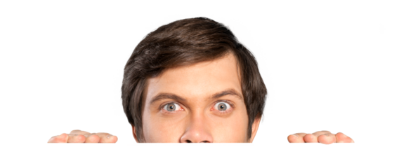 Man peeking up from behind invisible sign