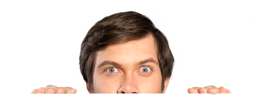 Man peeking up from behind invisible sign