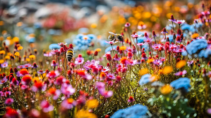 Bienen fliegen auf einer bunten Alpen Blumenwiese, im Hintergrund ein kleiner Bach, als Banner oder Hintergrund nutzbar, Generative AI