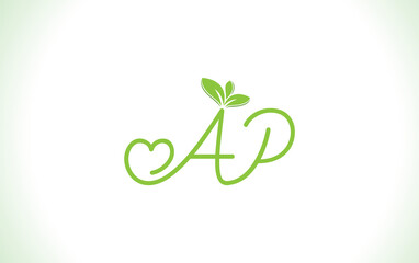Nutrition logo and green healthy love leaf symbol with love font logo design. Heart sign leaf nature logo. Green eco letters logo