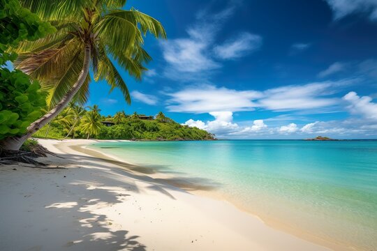 Ein Strand im Paradies, mit Palmen und blauem Meer, Urlaub, Entspannen, generative AI