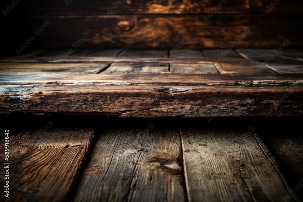 Poster wooden table with a dark background in a close-up angle. generative ai