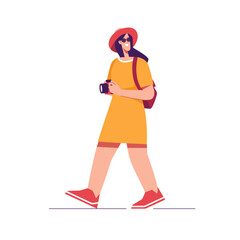 Vector illustration of woman tourist traveler wearing hat with backpack and camera