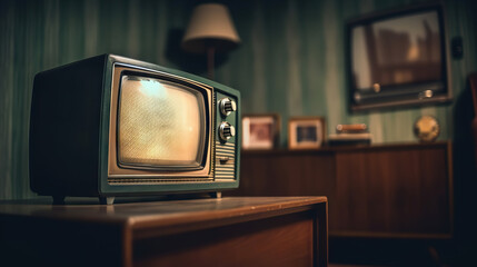 Old-fashioned classic tube TV in a retro living space. Nostalgic home decor in vintage-inspired colors. Based on Generative AI