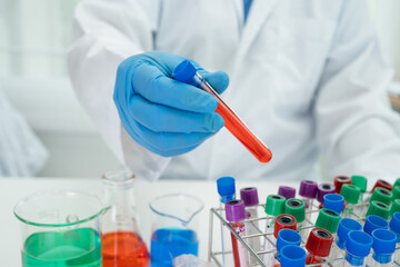 Fototapeta premium Scientist holding erlenmeyer flask, conical flask glassware with red color liquid solution in science chemistry laboratory.