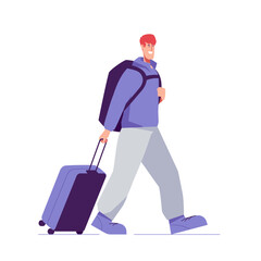 Vector illustration of a walking man tourist traveler with backpack and suitcase