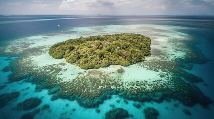 An aerial perspective of a pristine coral atoll created with generative AI